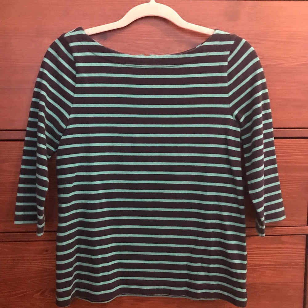 LOFT navy and turquoise striped top with zip back
